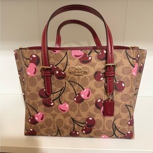 Coach Mini Tote with Brown Signature and Pink Cherry Accents